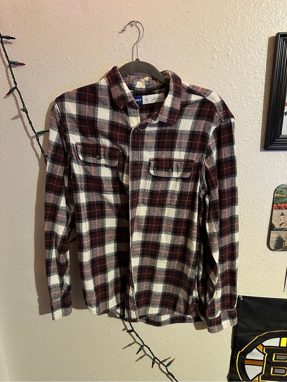 Old Navy Burgundy and White Plaid Button-Up Shirt